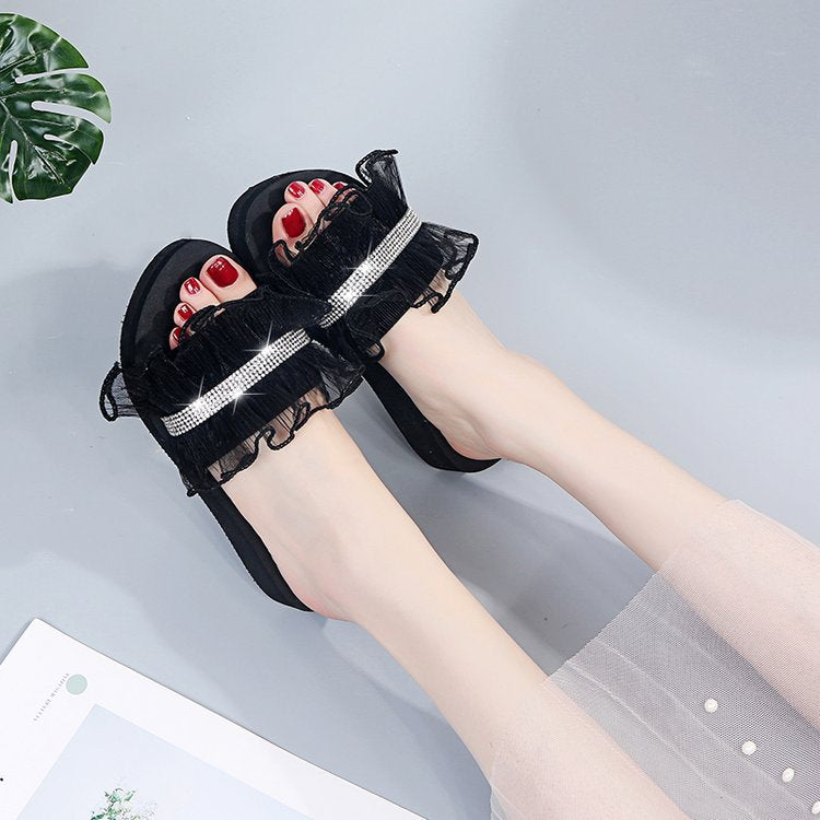2024 new summer trendy women's slides - korean style fashionable rhinestone wedge heel lace-up sandals - dropshipping available