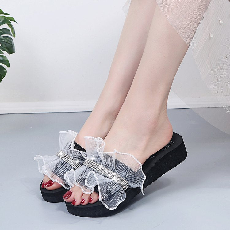2024 new summer trendy women's slides - korean style fashionable rhinestone wedge heel lace-up sandals - dropshipping available