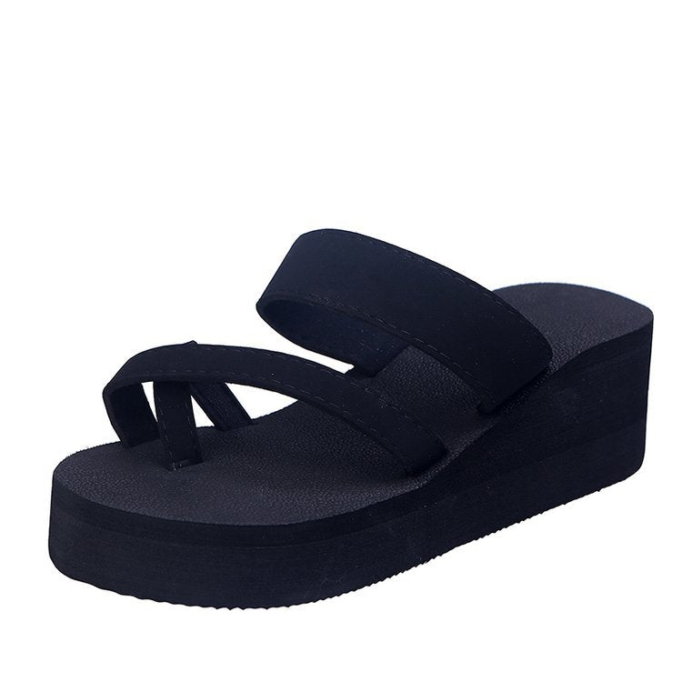 2024 summer new solid color high heel flip-flops women's fashion beach thick sole slip-on sandals