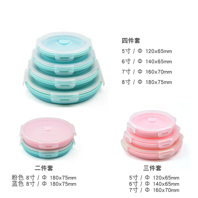 Portable folding lunch box, round silicone lunch box, microwave oven bento box, plastic refrigerator lunch box, fresh-keeping box.