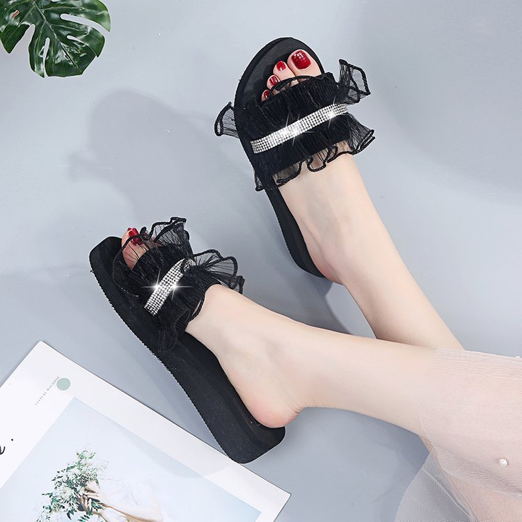 2024 new summer trendy women's slides - korean style fashionable rhinestone wedge heel lace-up sandals - dropshipping available