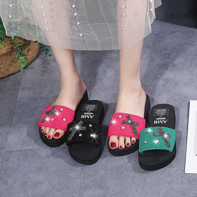 Summer open-toe rhinestone bow sandals - lightweight elastic band women's shoes - casual wedge heel mules