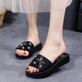Summer open-toe rhinestone bow sandals - lightweight elastic band women's shoes - casual wedge heel mules