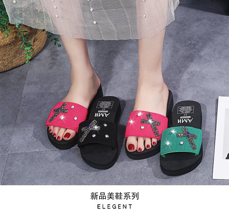 Summer open-toe rhinestone bow sandals - lightweight elastic band women's shoes - casual wedge heel mules