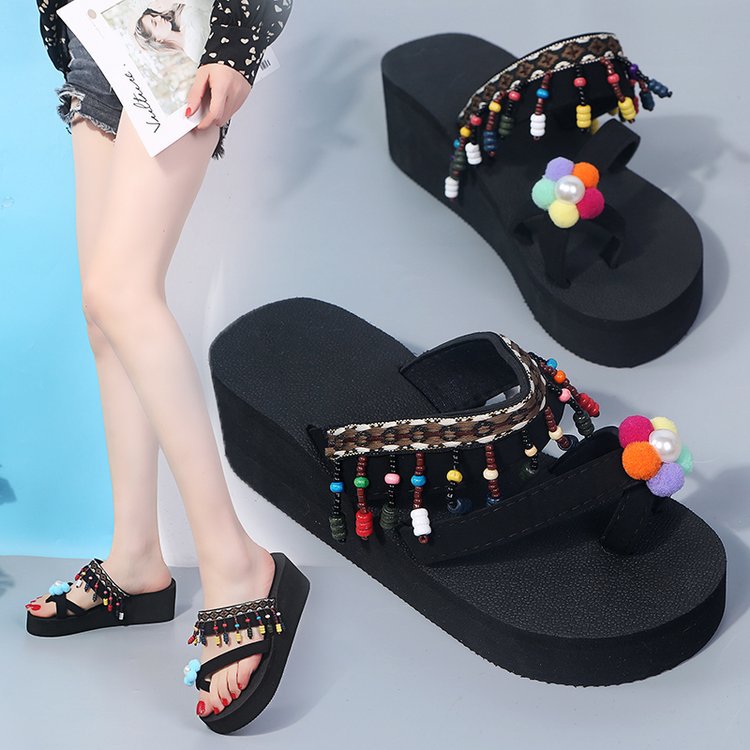 Summer tassel flower colorful women's flip-flops thick sole flat beach shoes tassel sandals wholesale