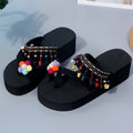 Summer tassel flower colorful women's flip-flops thick sole flat beach shoes tassel sandals wholesale