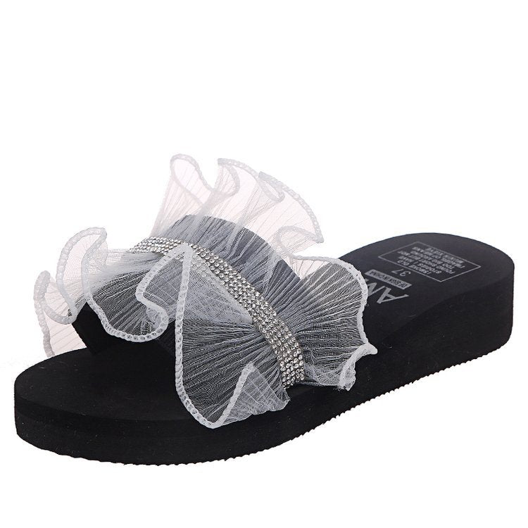2024 new summer trendy women's slides - korean style fashionable rhinestone wedge heel lace-up sandals - dropshipping available