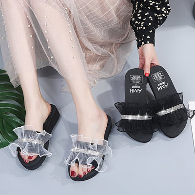 2024 new summer trendy women's slides - korean style fashionable rhinestone wedge heel lace-up sandals - dropshipping available