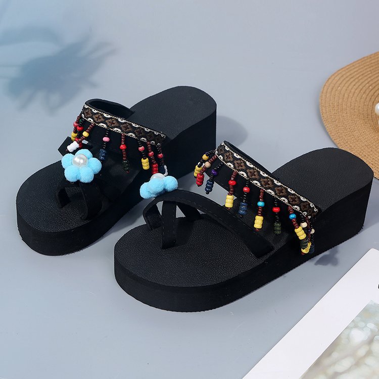 Summer tassel flower colorful women's flip-flops thick sole flat beach shoes tassel sandals wholesale