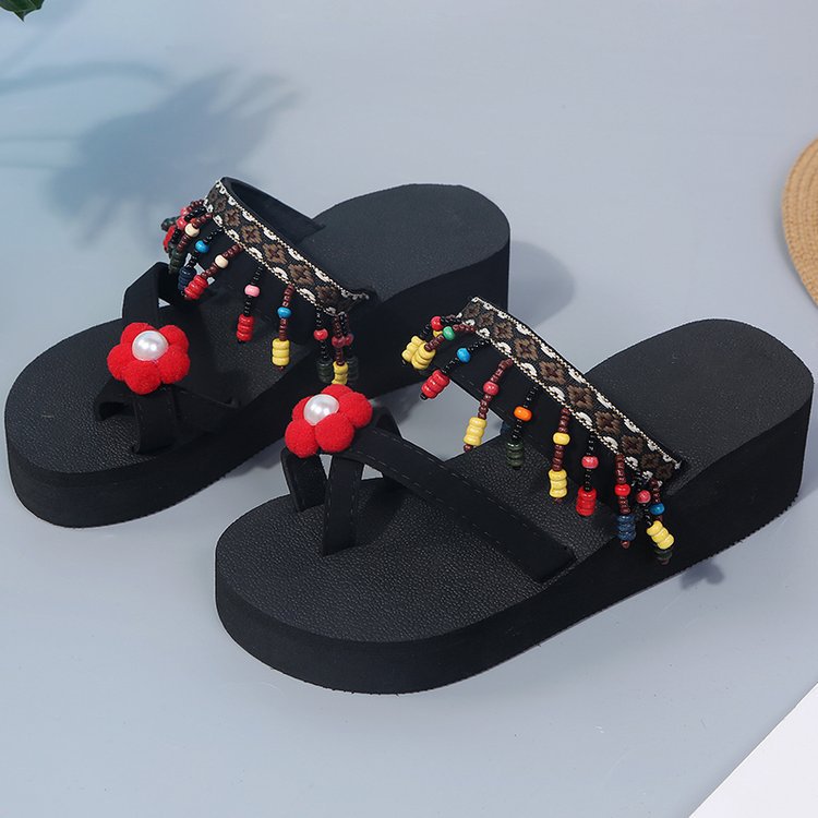 Summer tassel flower colorful women's flip-flops thick sole flat beach shoes tassel sandals wholesale