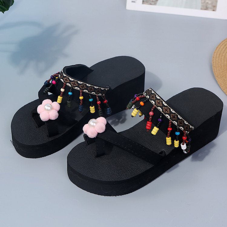 Summer tassel flower colorful women's flip-flops thick sole flat beach shoes tassel sandals wholesale