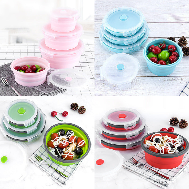 Portable folding lunch box, round silicone lunch box, microwave oven bento box, plastic refrigerator lunch box, fresh-keeping box.