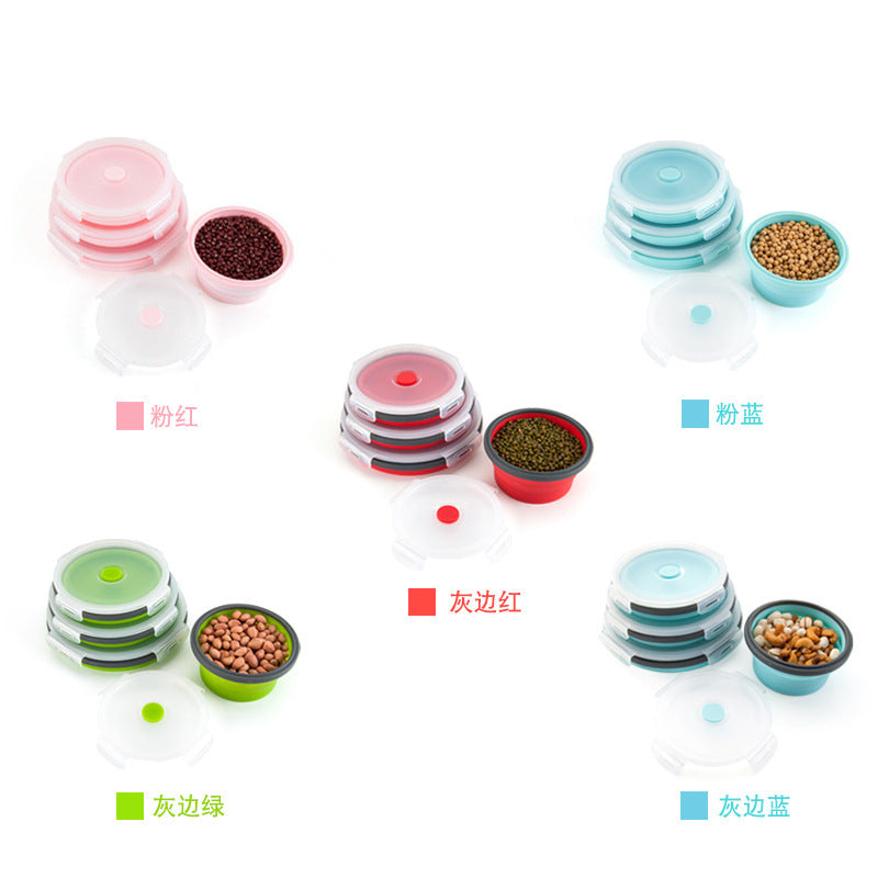 Portable folding lunch box, round silicone lunch box, microwave oven bento box, plastic refrigerator lunch box, fresh-keeping box.