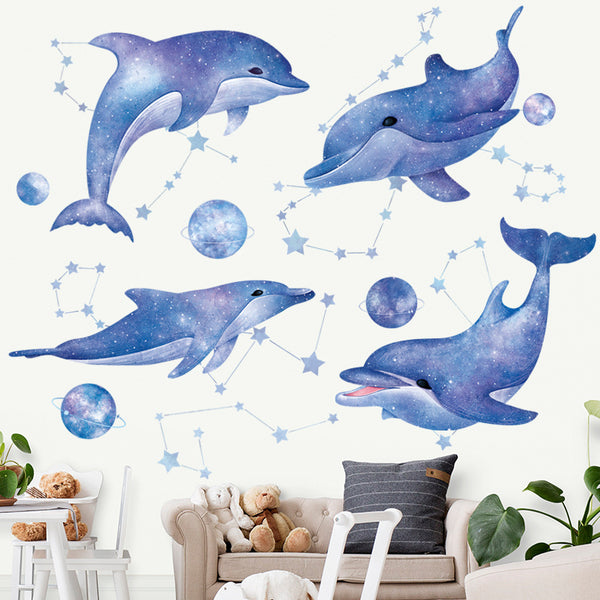 Wall stickers cute dolphins and whales classroom layout stickers starry sky dream wall decoration painting, chess cloth blue star