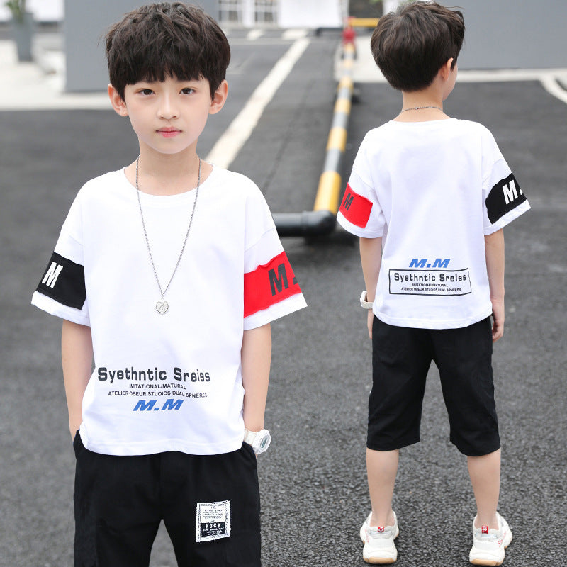 Boys'  summer outfit set: kids' sporty casual two-piece short sleeve set for mid-to-large children, collegiate style