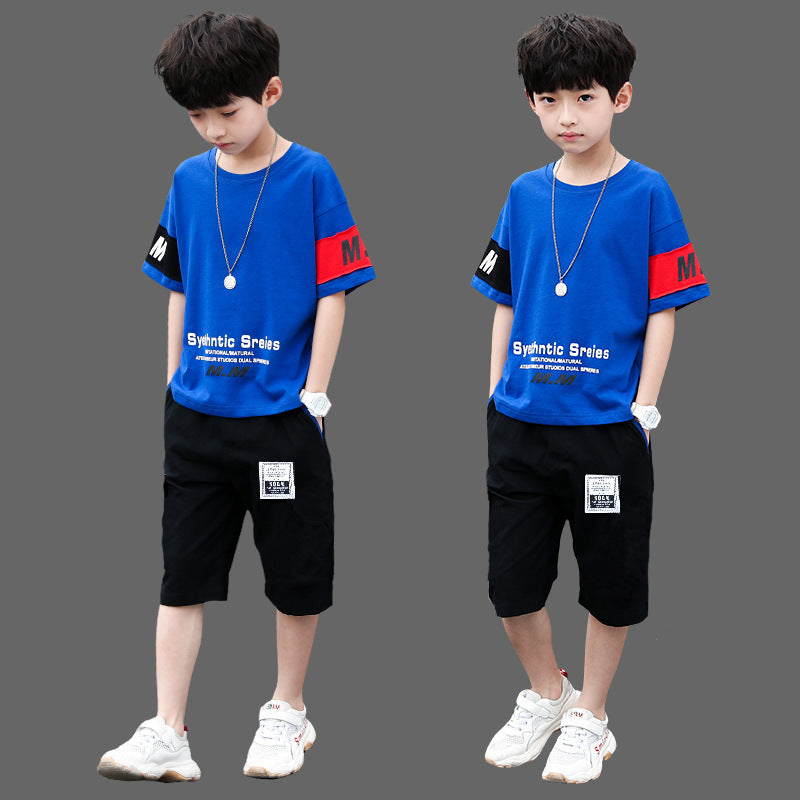 Boys'  summer outfit set: kids' sporty casual two-piece short sleeve set for mid-to-large children, collegiate style