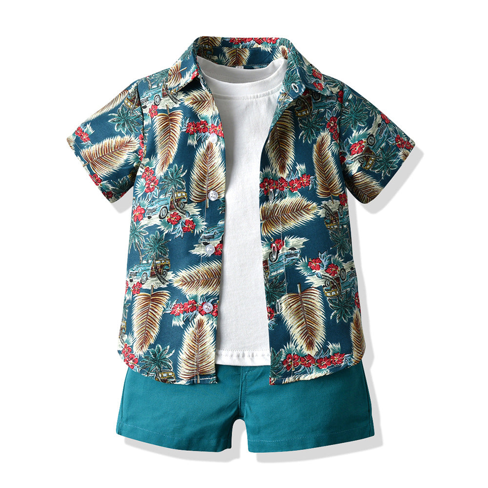 Summer kids' clothing: children's printed short-sleeve shirt, boys' t-shirt casual three-piece set, water festival floral shirt for kids