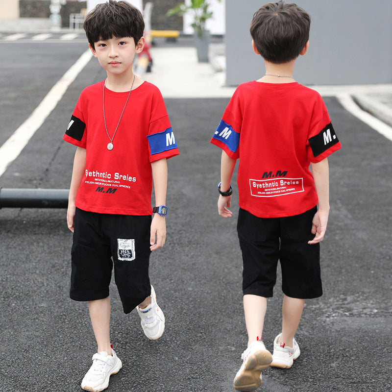 Boys'  summer outfit set: kids' sporty casual two-piece short sleeve set for mid-to-large children, collegiate style