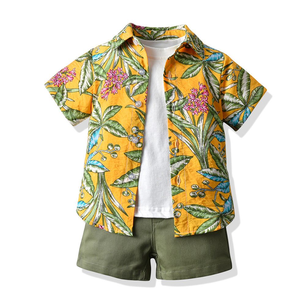 Summer kids' clothing: children's printed short-sleeve shirt, boys' t-shirt casual three-piece set, water festival floral shirt for kids