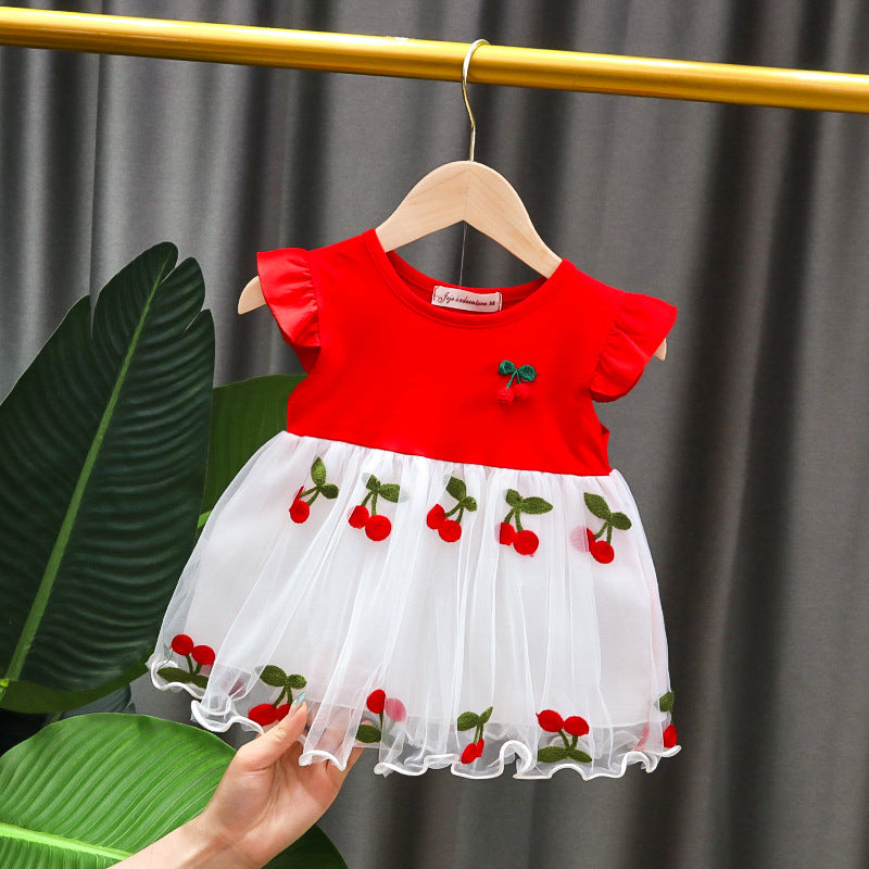 Baby girl summer short-sleeved dress with embroidered tulle overlay – stylish girls' dresses, direct from the manufacturer