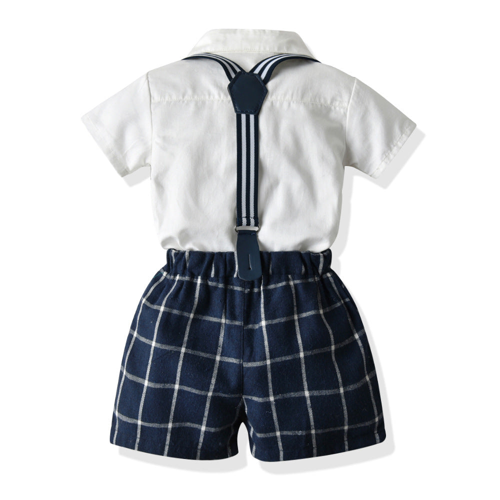 Wholesale summer new arrivals: children's clothing sets - kids' short-sleeve t-shirt & plaid overalls two-piece outfit