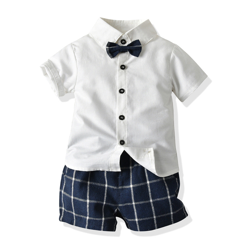 Wholesale summer new arrivals: children's clothing sets - kids' short-sleeve t-shirt & plaid overalls two-piece outfit