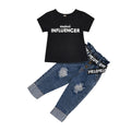 Amazon 2020 new black letter print t-shirt + button-fly distressed denim jeans with belt set