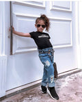 Amazon 2020 new black letter print t-shirt + button-fly distressed denim jeans with belt set