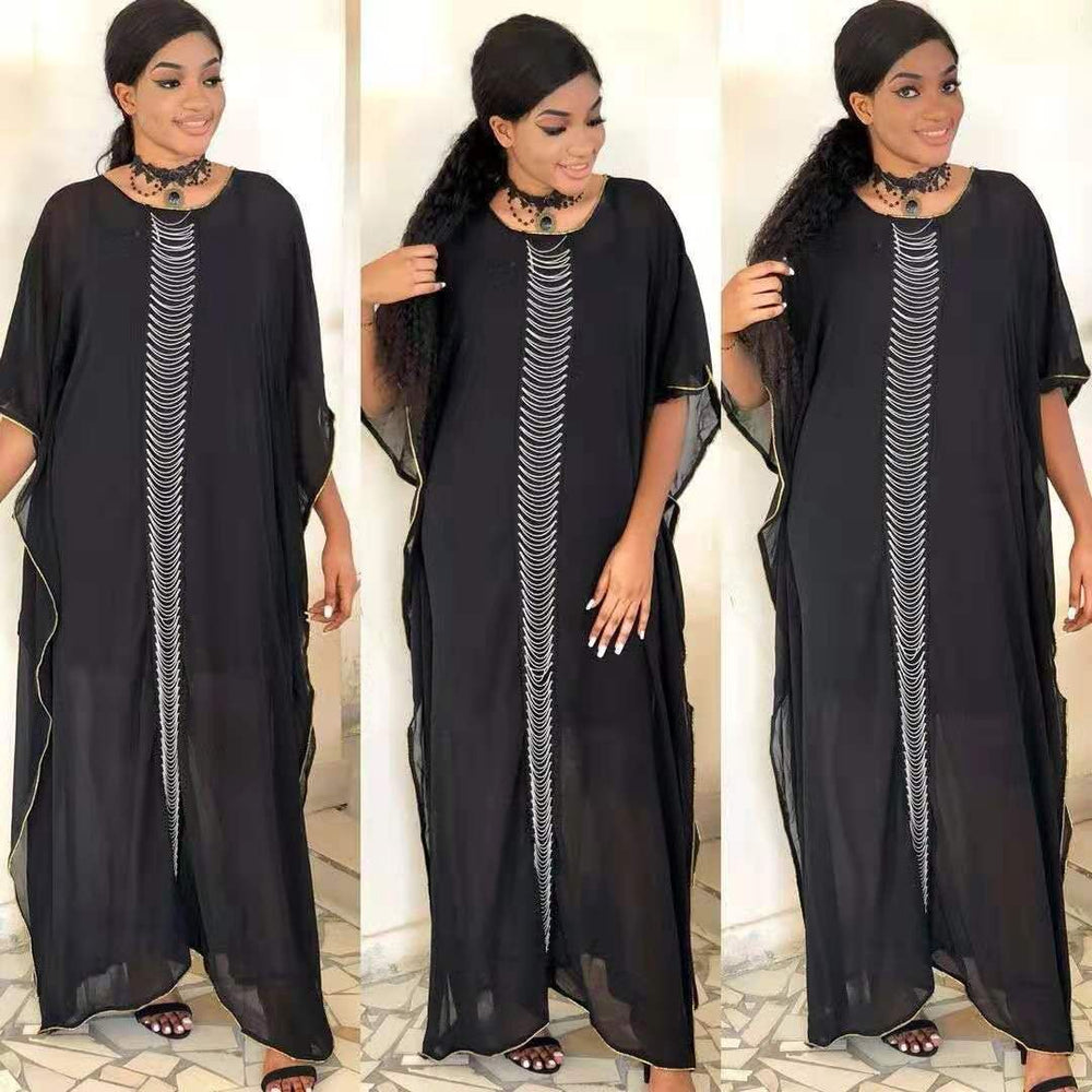 export  african women's clothing   solid color loose fit multi-color print batwing sleeve dress