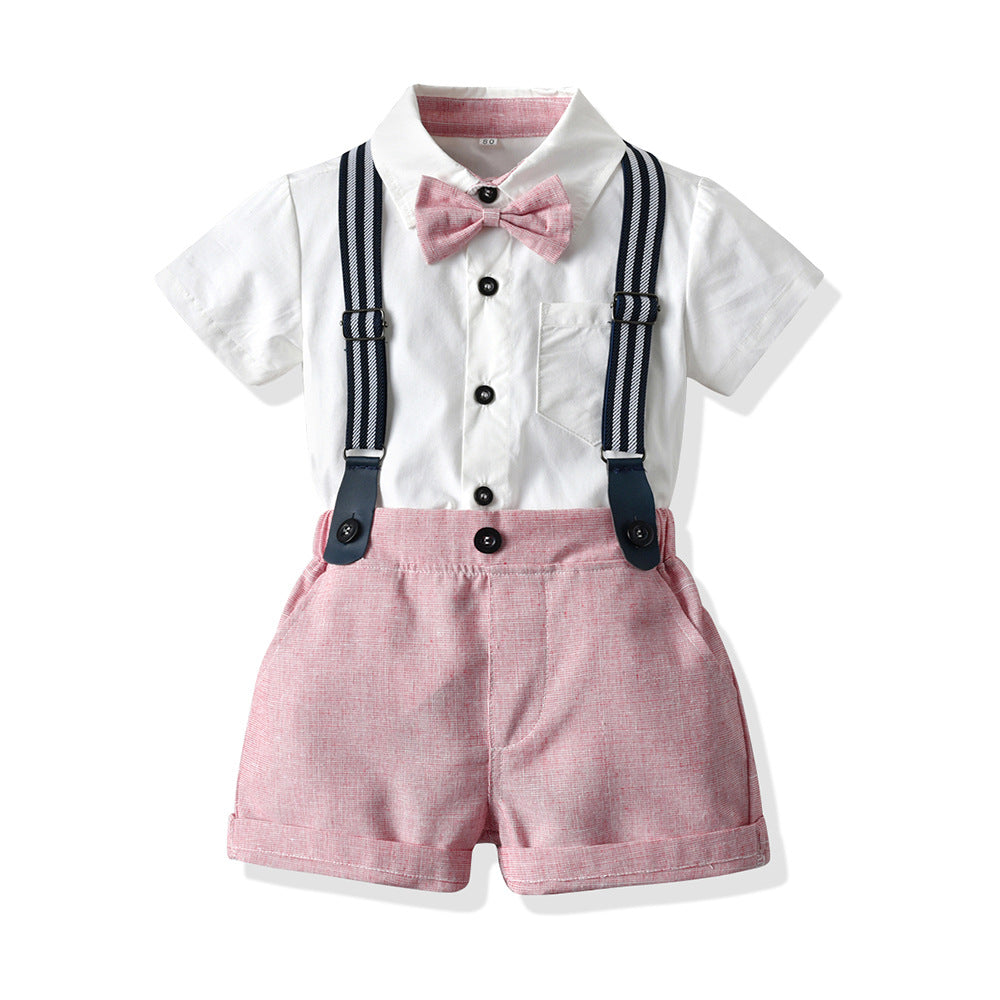 Summer kids' new european and american gentleman short-sleeve shirt set, children's suspender shorts two-piece outfit, first birthday dress