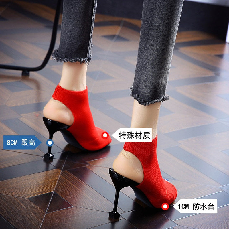 European and American fish mouth shoes open-toed sandals women's 19 summer new fine heel knitted elastic elastic Roman high heel cool boots