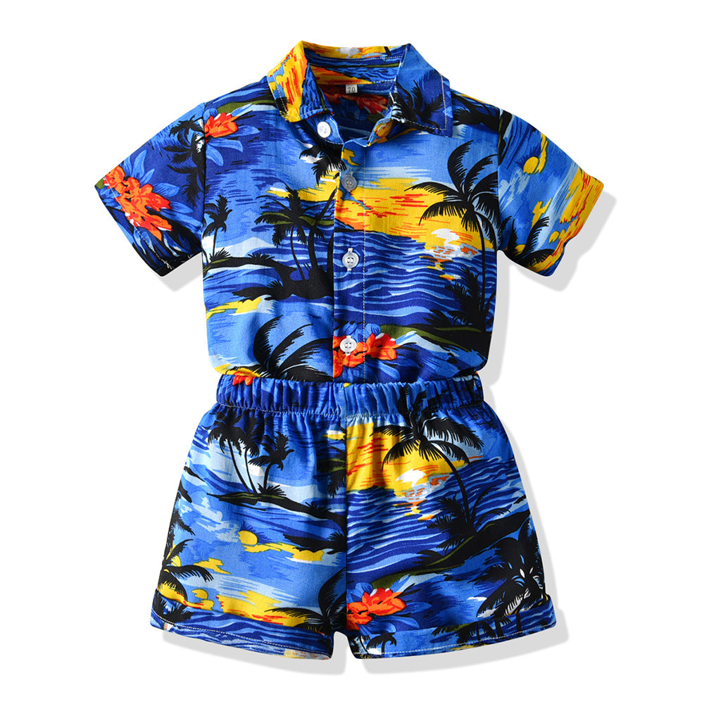 Summer new children's outfit set, kids' printed short-sleeve casual set, hawaiian vacation outfit, in-stock baby suit