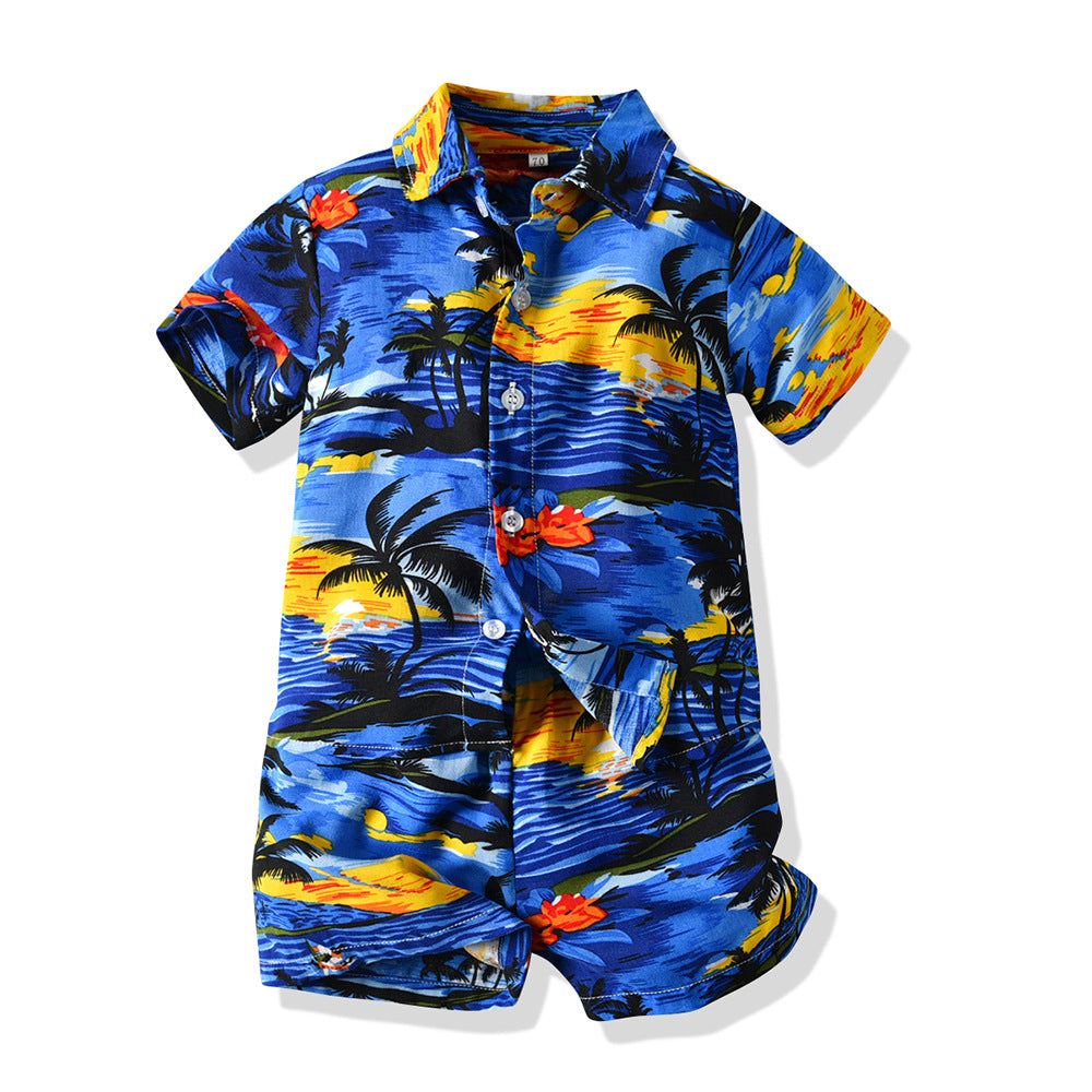 Summer new children's outfit set, kids' printed short-sleeve casual set, hawaiian vacation outfit, in-stock baby suit