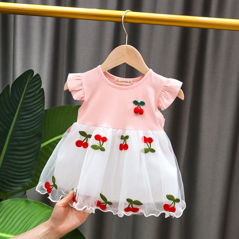 Baby girl summer short-sleeved dress with embroidered tulle overlay – stylish girls' dresses, direct from the manufacturer