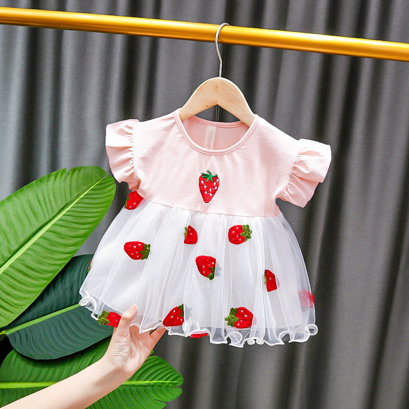 Baby girl summer short-sleeved dress with embroidered tulle overlay – stylish girls' dresses, direct from the manufacturer