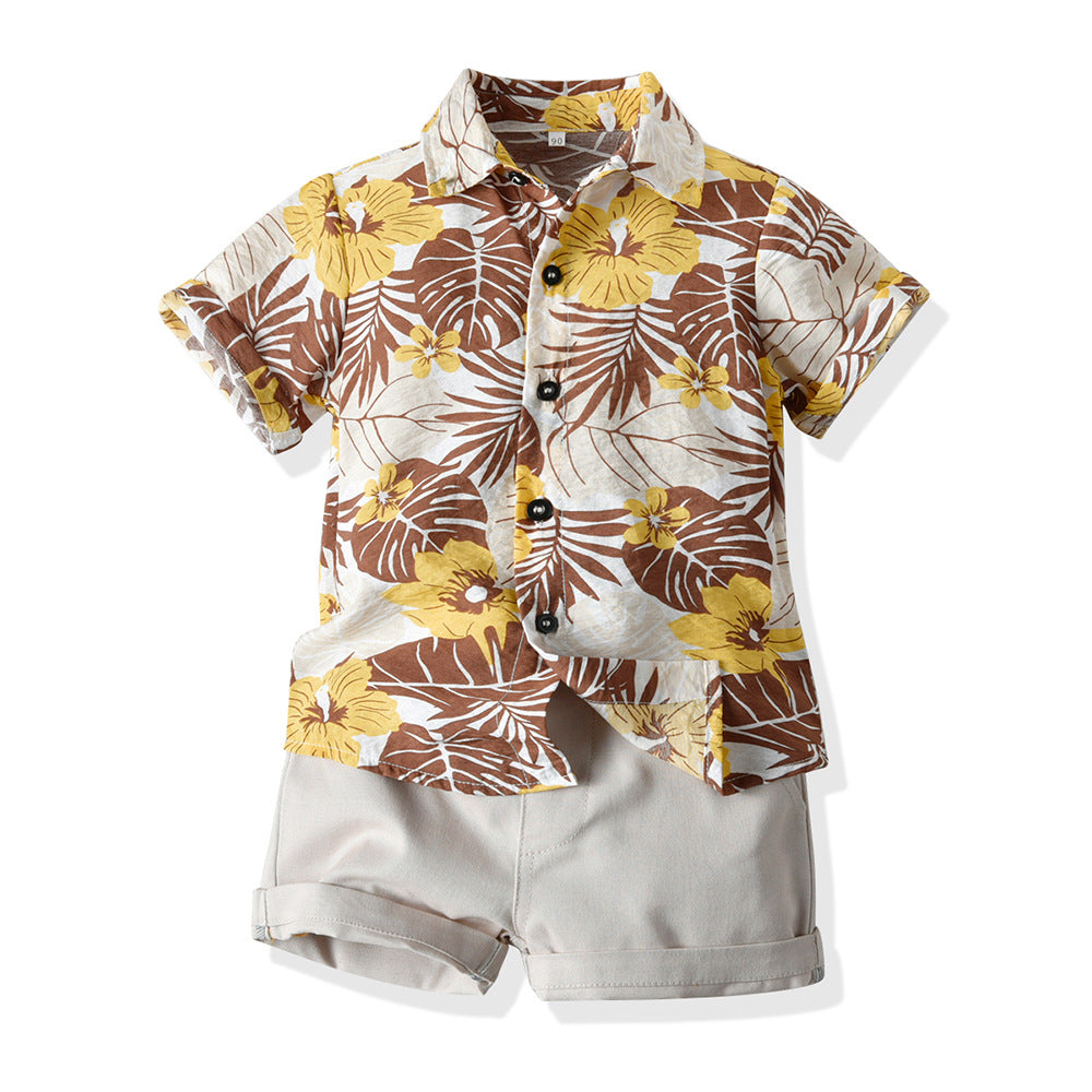 New summer collection: boys' floral shirt & british style shorts - casual two-piece set for kids