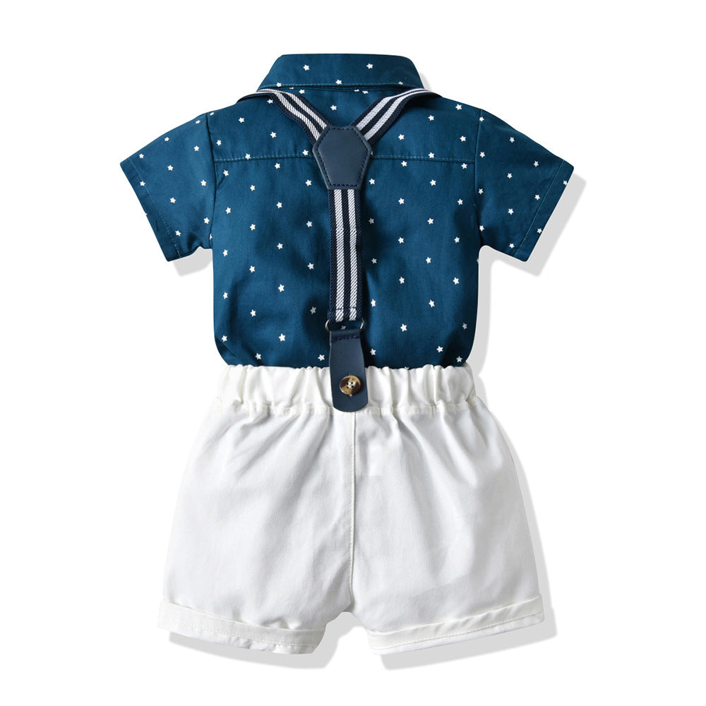 European and american style summer kids' clothing: star print short-sleeve overalls and shorts gentleman set wholesale baby set