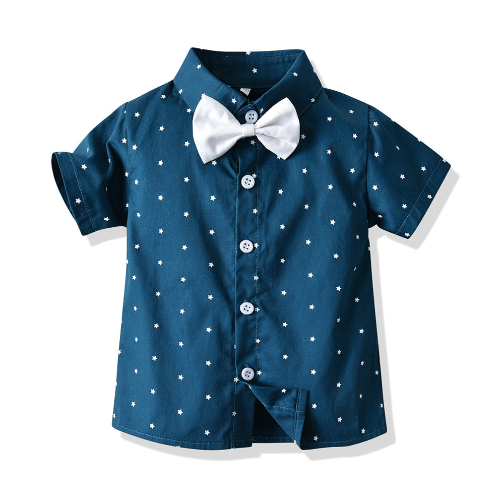 European and american style summer kids' clothing: star print short-sleeve overalls and shorts gentleman set wholesale baby set