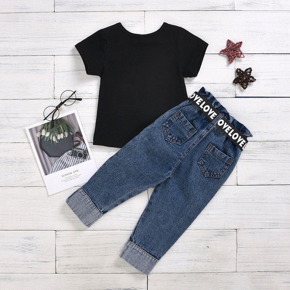 Amazon 2020 new black letter print t-shirt + button-fly distressed denim jeans with belt set