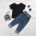 Amazon 2020 new black letter print t-shirt + button-fly distressed denim jeans with belt set