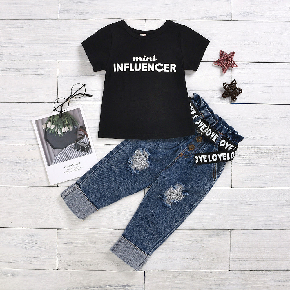 Amazon 2020 new black letter print t-shirt + button-fly distressed denim jeans with belt set