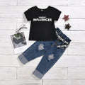Amazon 2020 new black letter print t-shirt + button-fly distressed denim jeans with belt set
