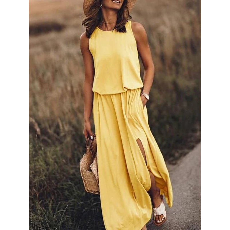 summer new arrivals: cross-border  fashion - european & american style women's sleeveless crew neck dress with slit, available in multiple solid colors