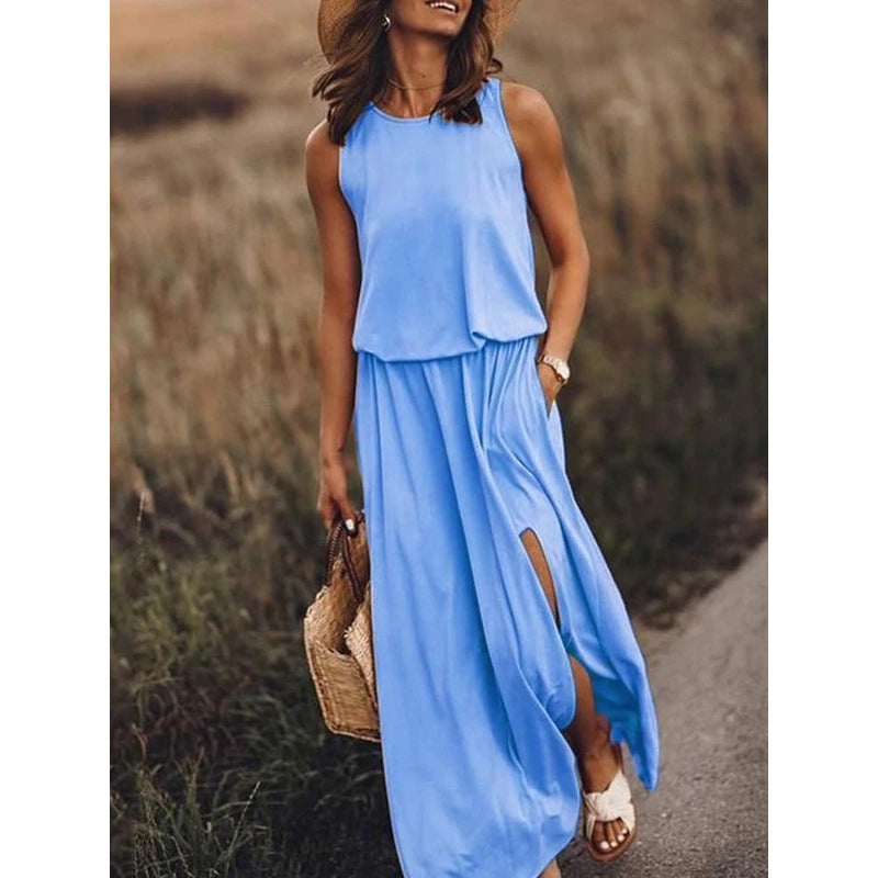 summer new arrivals: cross-border  fashion - european & american style women's sleeveless crew neck dress with slit, available in multiple solid colors