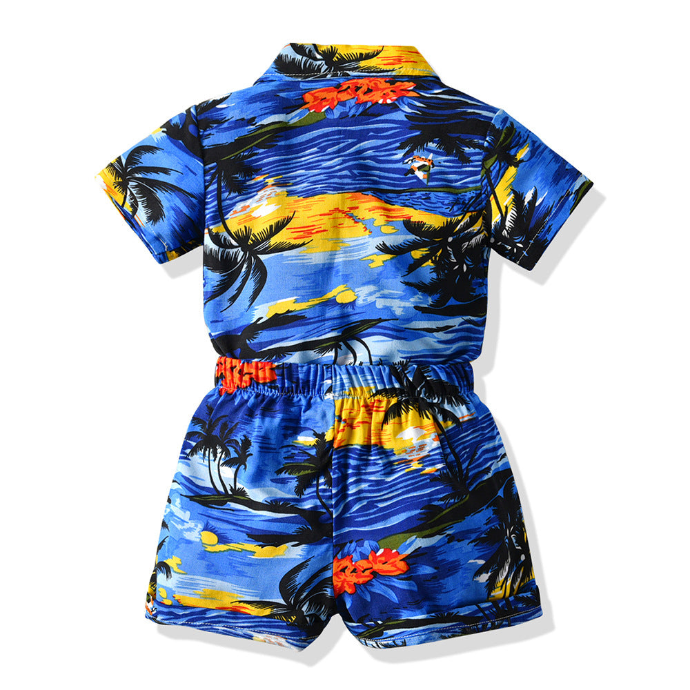 Summer new children's outfit set, kids' printed short-sleeve casual set, hawaiian vacation outfit, in-stock baby suit