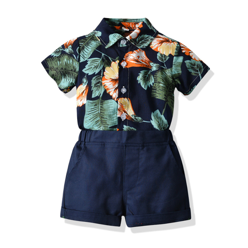 European and american style ins-inspired boys' printed short-sleeve and shorts two-piece outfit - kids' clothing cross-border baby set