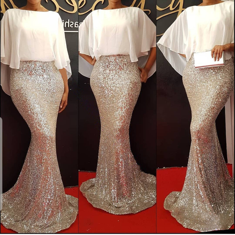 Kayat cross-border supply: african women's clothing - heavily beaded sequin patchwork chiffon batwing sleeve evening gown dress