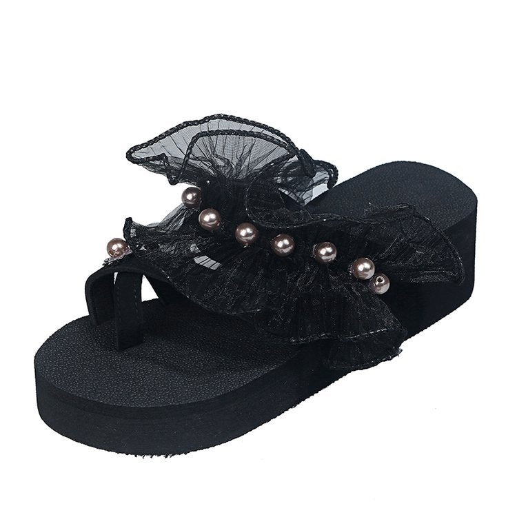 lace thick-soled flip-flops pearl lace slippers wedge platform shoes women's sandals beach casual slippers dropshipping
