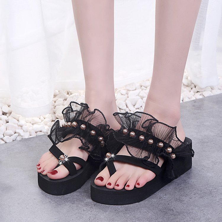 lace thick-soled flip-flops pearl lace slippers wedge platform shoes women's sandals beach casual slippers dropshipping