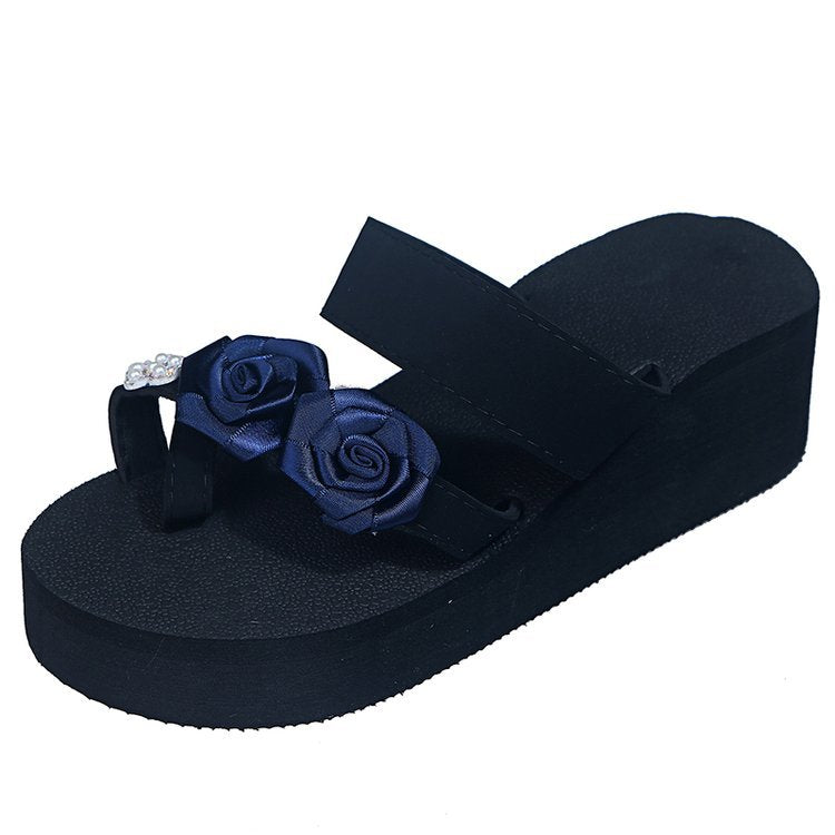 Slip-on amh lace 3d rose & colorful chrysanthemum flip-flops - women's summer platform wedge beach sandals